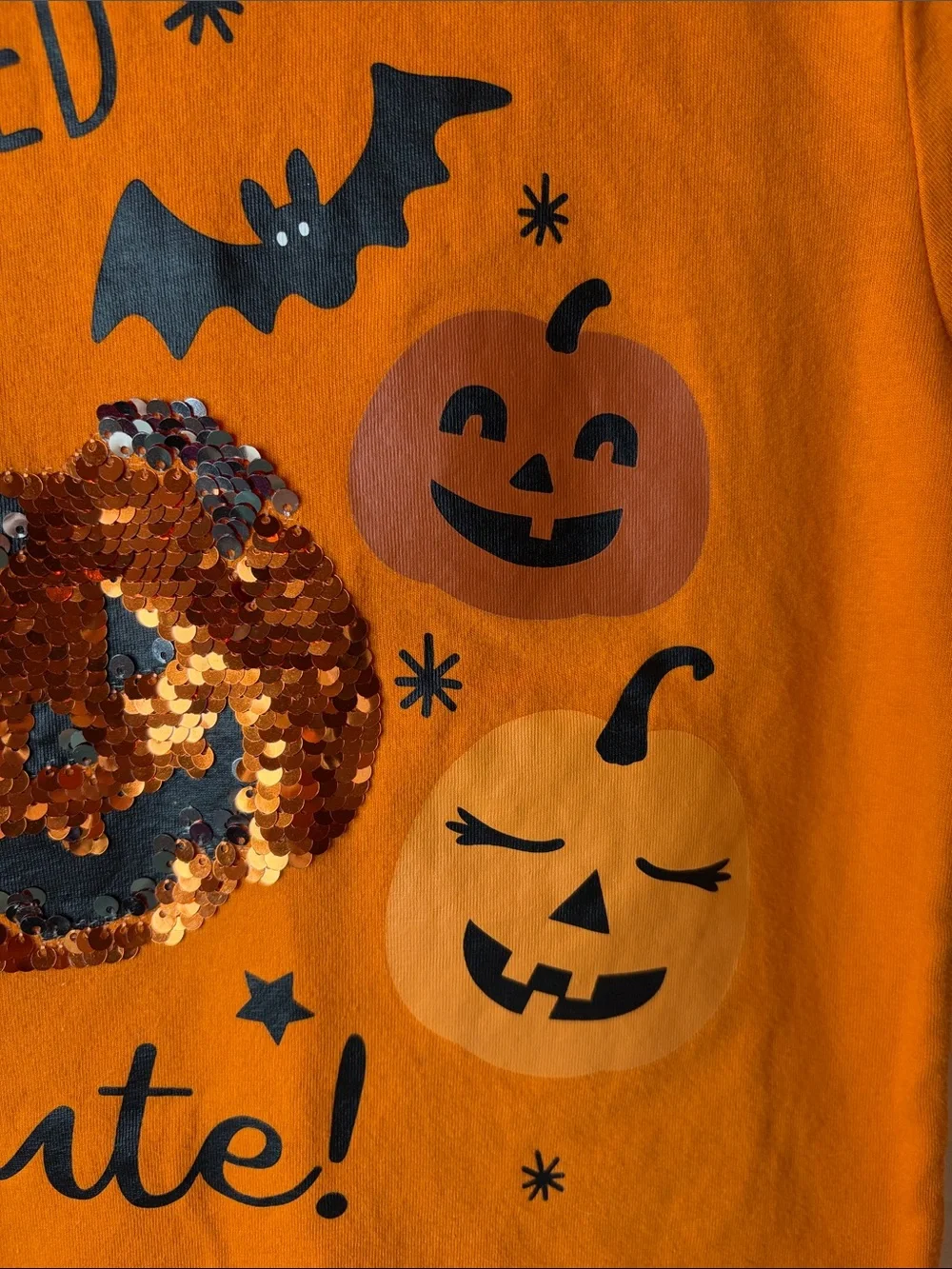 Wonder Nation Girls Halloween Sequin Pumpkin T-Shirt – Size M 7/8